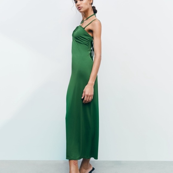 ZARA Flowy Tied Dress Green BNWT - Picture 3 of 6